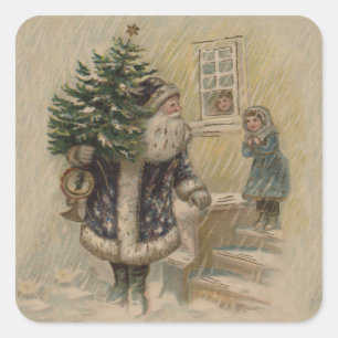 Vintage Tomte Snö Julgran Fyrkantigt Klistermärke