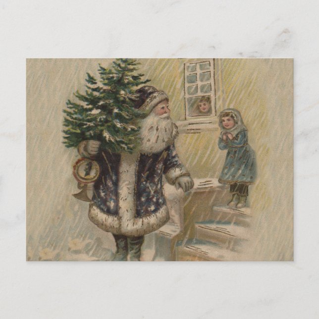 Vintage Tomte Snö Julgran Helg Vykort (Framsida)