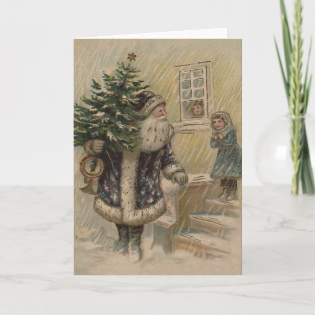 Vintage Tomte Snö Julgran Helgkort (Framsida)