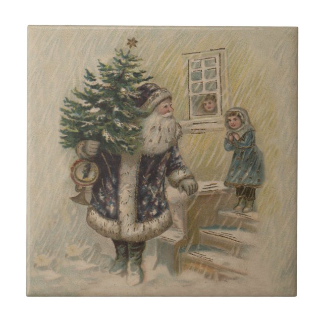 Vintage Tomte Snö Julgran Kakelplatta (Framsidan)
