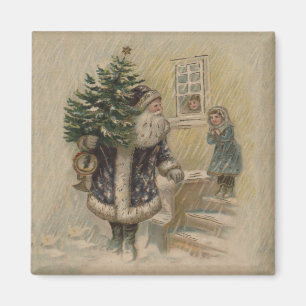 Vintage Tomte Snö Julgran Magnet