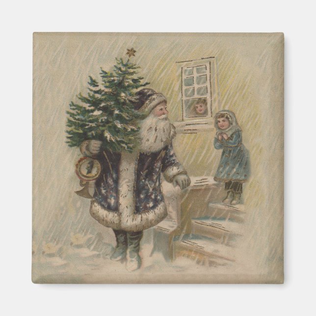 Vintage Tomte Snö Julgran Magnet (Framsidan)