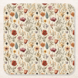 Vintage Torkad Vildblomma Burgunder Rosa Gult Underlägg Papper Kvadrat