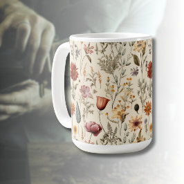 Vintage Torkade Vildblommor Burgunder Rosa Gult Kaffemugg