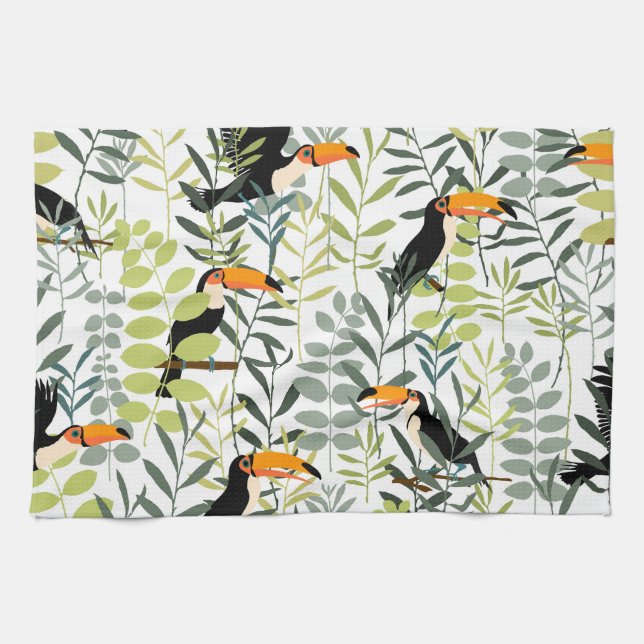 Vintage Toucans Grönt Löv Mönster Kökshandduk (Horisontell)
