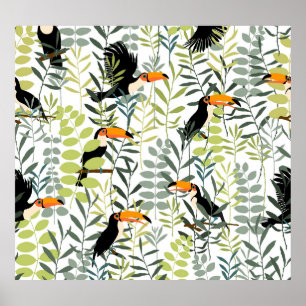 Vintage Toucans Grönt Löv Mönster Poster