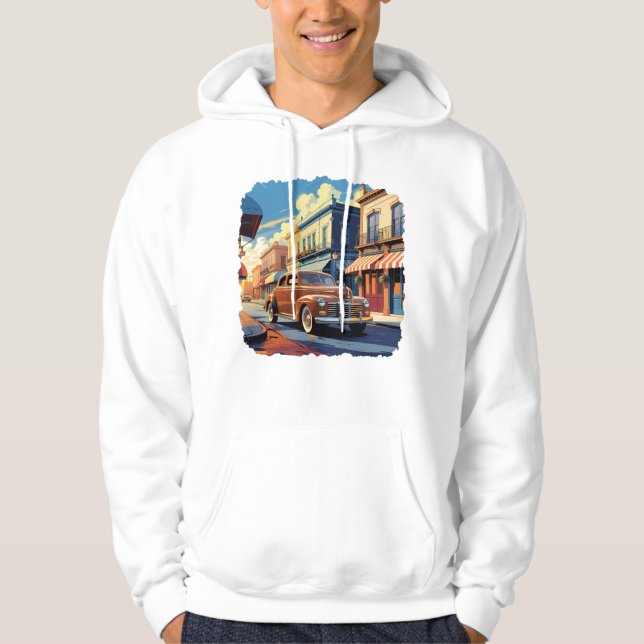 Vintage Town Street Illustration Hoodie (Framsida)