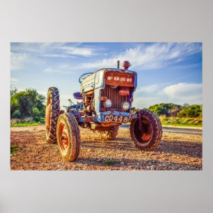 Vintage Tractor Farm Land Fält Poster