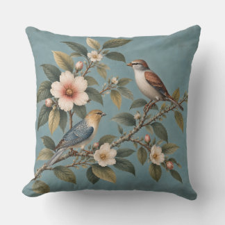 Vintage Trädgårdsfåglar & Blommor Blå Kuddvar Kudde