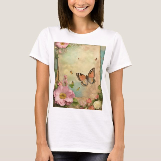 "Vintage Trädgårdsfest T-Shirt – Pastellfjärilar (Framsida)