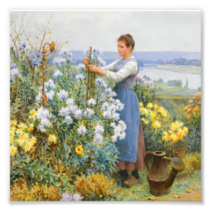 Vintage Trädgårdsflicka och Vilda Blommor Antik Fototryck