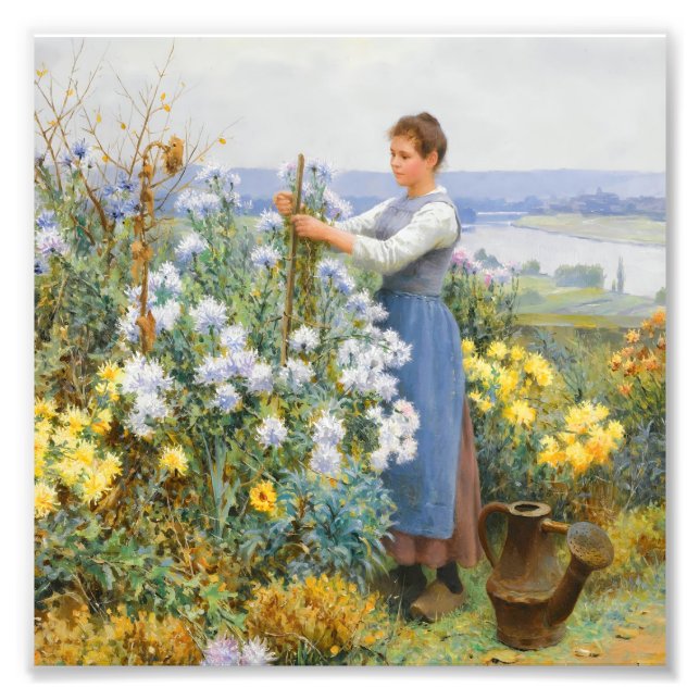 Vintage Trädgårdsflicka och Vilda Blommor Antik Fototryck (Framsidan)