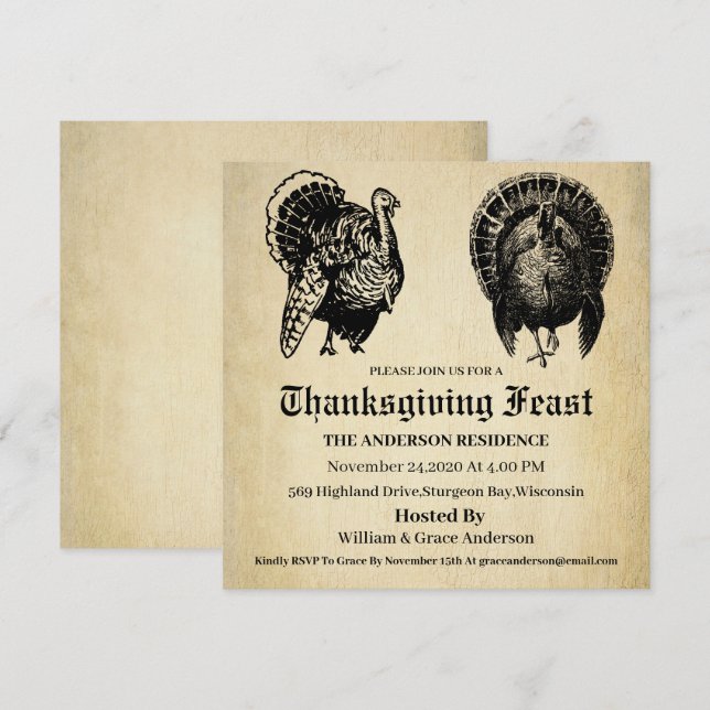 Vintage Traditionell Turk Thanksgiving Inbjudningar (Fram/baksida)