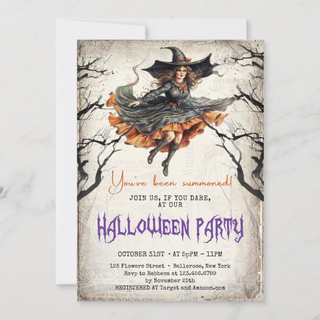 Vintage, traditionell vattenfärgsskrämmande häxa inbjudningar (Framsida)