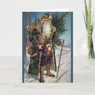 Vintage traditionellt blått jackat julhälsningskor helgkort