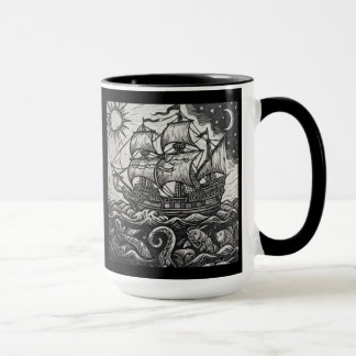 Vintage träsnitt Högt Skepp & Havsmonster Mugg