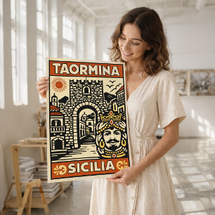 Vintage träsnitt Taormina Sicilien affisch