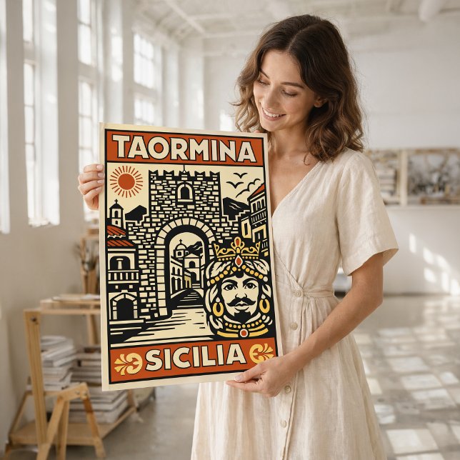 Vintage träsnitt Taormina Sicilien affisch (Skapare uppladdad)