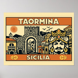 Vintage träsnitt Taormina Sicilien affisch