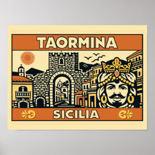 Vintage träsnitt Taormina Sicilien affisch