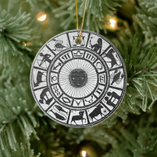 Vintage träsnitt Zodiac Astrologi Keramisk Ornamen Julgransprydnad Keramik