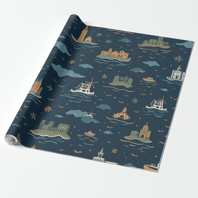 Vintage Travel Design Wrapping Paper Presentpapper (Utrullad)