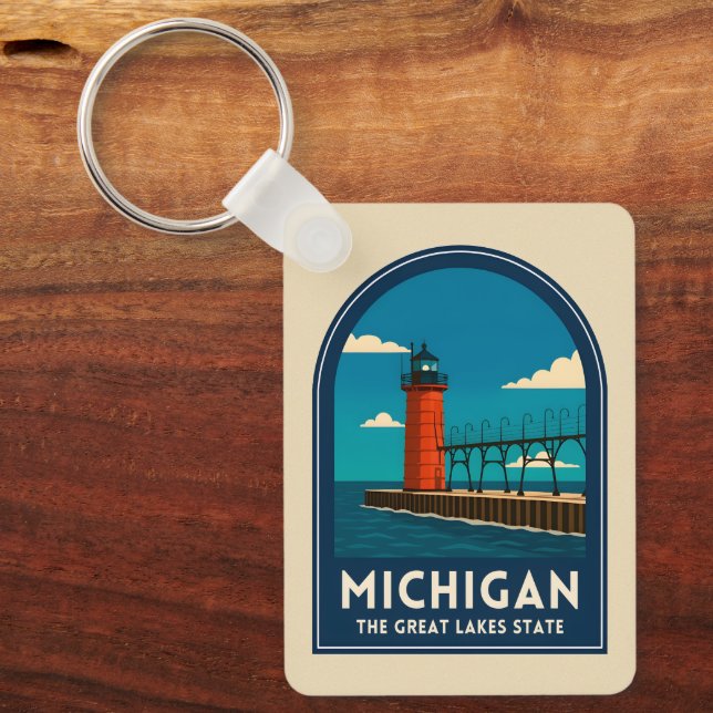 Vintage Travel Michigan Lighthouse Retro Scenic Nyckelring (Framsida)