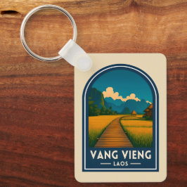 Vintage Travel Vang Vieng Laos Retro Scenic Nyckelring