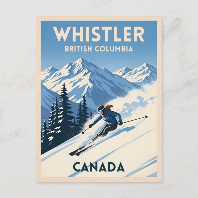 Vintage Travel Whistler British Columbia Skiing Vykort (Framsida)