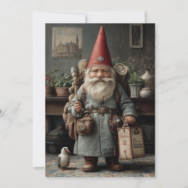 Vintage Traveler Christmas Gnome Julkort (Framsida)