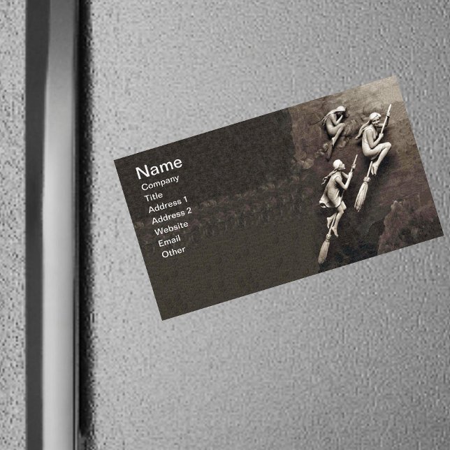 Vintage Tre Halloween-väderstreck Visitkortmagnet (three pretty white witches flying on brooms on shades of brown magnetic business cards.)
