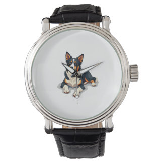 Vintage trefärgad Border Collie-porträtt Hundillus Armbandsur
