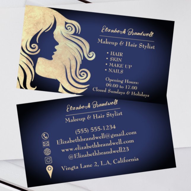 Vintage Trendig Navy Blue Guld Makeup Hairstylist Visitkort (Skapare uppladdad)