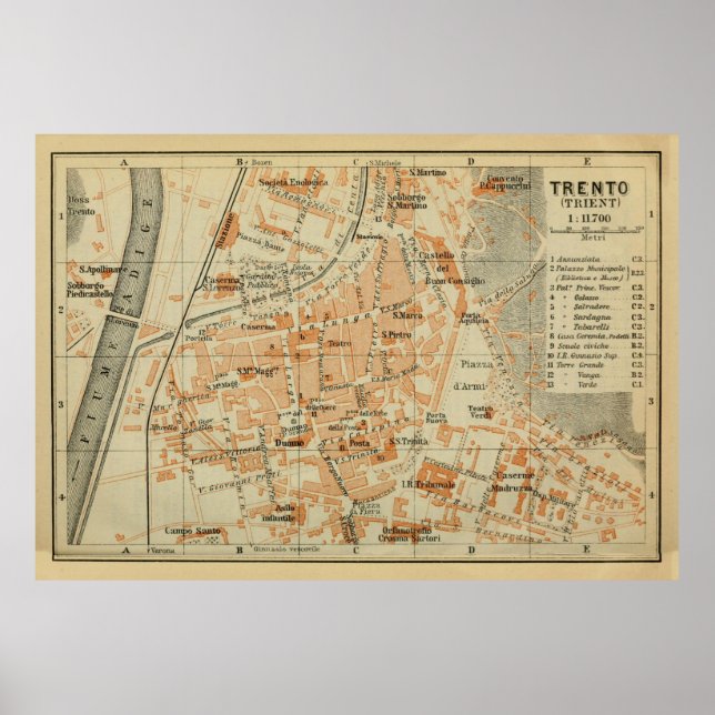 Vintage Trento Italien Karta (1911) Poster (Framsidan)