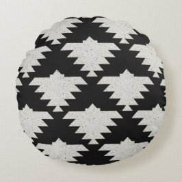 Vintage Tribal Geometrisk Fågel | Svart & Elfenben Rund Kudde