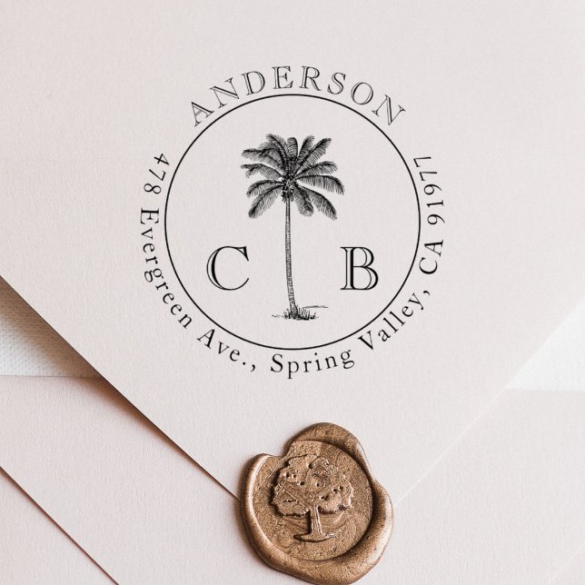 Vintage Tropical Handflatan Bröllop Monogram & Adr Självfärgande Stämpel (Skapare uppladdad)