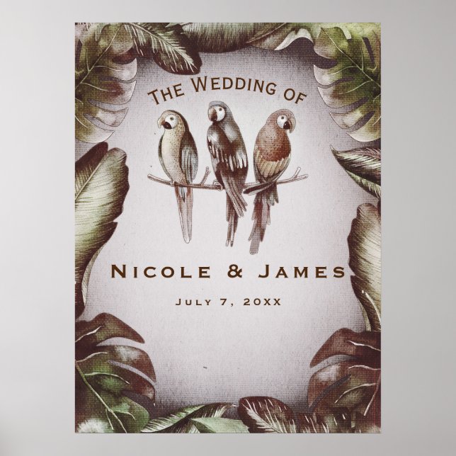 Vintage Tropical Tiki Birds Parrots Löv Banner Poster (Framsidan)