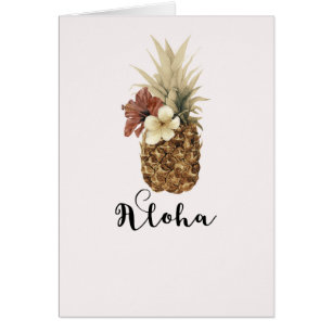 Vintage Tropisk Ananas Hibiskus Blommig Aloha OBS Kort