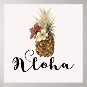 Vintage Tropisk Ananas Hibiskus Blommig Banner Poster