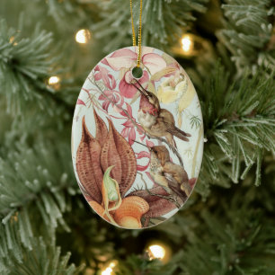 Vintage Tropiska orkidéer, blommor och Hummingbird Julgransprydnad Keramik