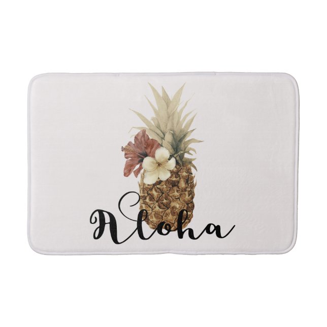 Vintage Tropiskt ananas Hibiscus Blommigt Aloha Badrumsmatta (Framsidan)