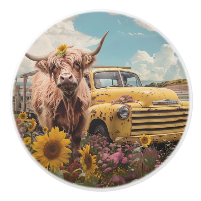  Vintage Truck  Highland Cow Sunflowers  Knopp (Framsidan)