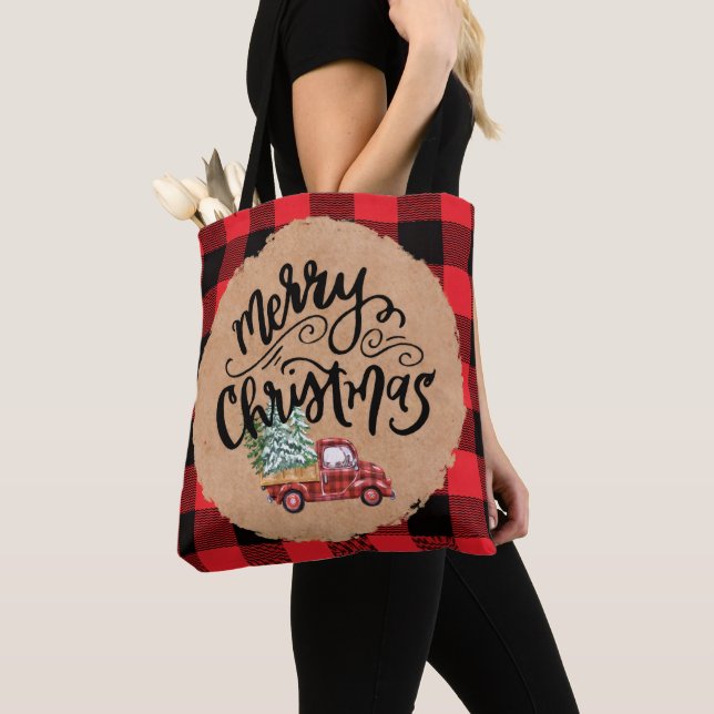 Vintage Truck Script Christmas Buffalo Plaid Tote Tygkasse (Närbild)