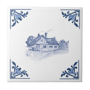 Vintage Tudor House Home Delft Blue & White Kakelplatta