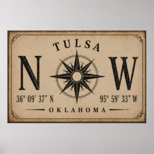 Vintage Tulsa Oklahoma Koordinater Kompass Poster