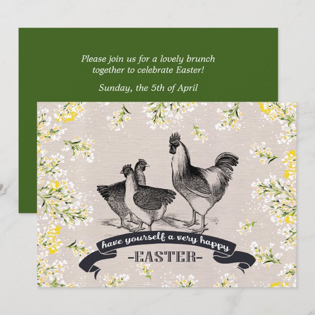 Vintage Tupp & Hens Påsk Brunch Inbjudningar (Fram/baksida)
