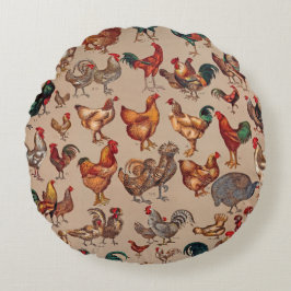 Vintage Tupp Kycklingmönster: Farmhouse Art Rund Kudde