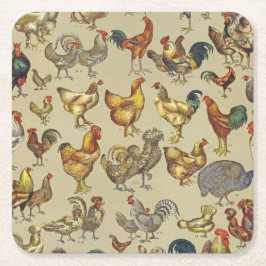 Vintage Tupp Kycklingmönster: Farmhouse Art Underlägg Papper Kvadrat