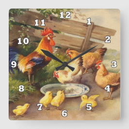 Vintage tupp och kycklingar Land väggdekaler Fyrkantig Klocka