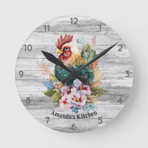 Vintage Tupp Rustic Wood Chicken Monogram Rund Klocka